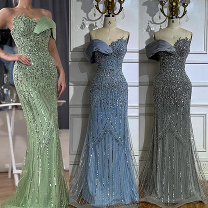 Luxury Dubai  Arabic Green Mermaid Elegant One Shoulder Beaded Long Evening Dresses Gowns for Formal Occasion LA72650