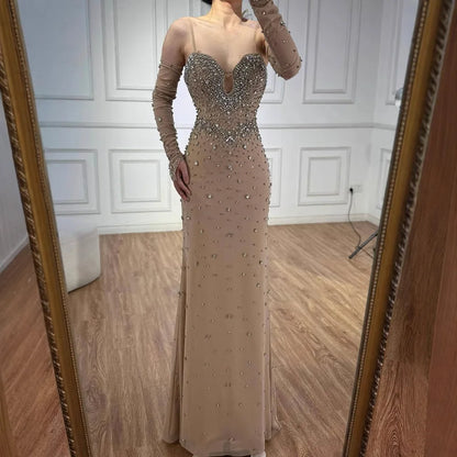 Luxury Nude Beaded Dress with Detachable Sleeves LA73065