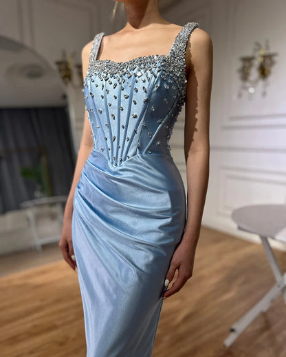 Luxury Dubai  Saudi Blue Crystal Beaded Spaghetti Strap Mermaid Evening Dress Gown with Split for Formal Occasion LA72739