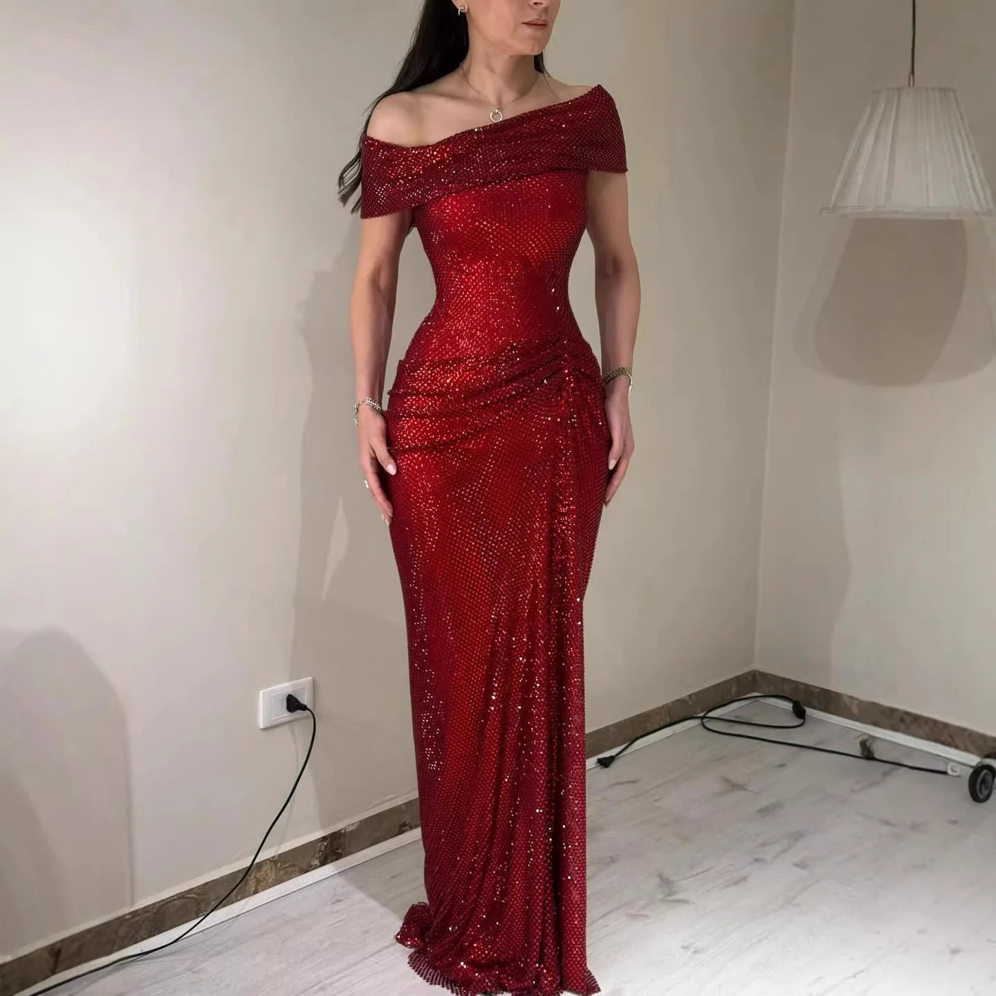 Red Beaded Mermaid Gown | Serene Hill Dubai LA73437