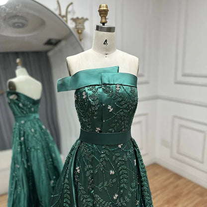 Luxury Dubai  Green Arabic One-Shoulder Satin Evening Gown Beaded Dress with Overskirt and Split for Formal Occasion LA72178