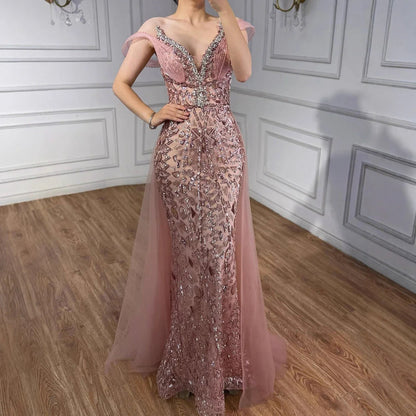 فستان سهرة وردي مطرز من سيرين هيل مكشوف الكتفين LA73413