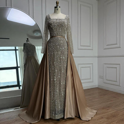 Luxury Arabic Turquoise Mermaid Beaded Evening Gown with Overskirt LA72533A