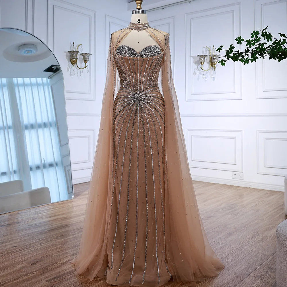 Nude Luxury Beaded Mermaid Evening Gown with Cape Sleeves LA72811A
