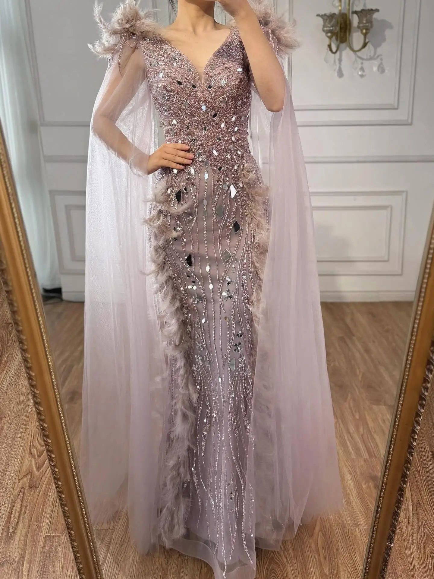 Luxury Caramel Feather Mirror Beaded Mermaid Evening Dress With Cape LA73328