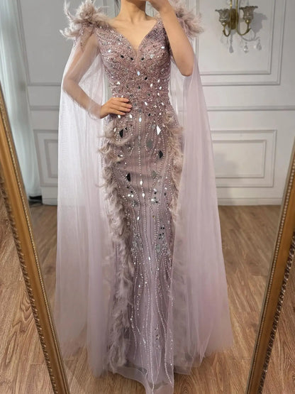 Luxury Caramel Feather Mirror Beaded Mermaid Evening Dress With Cape LA73328