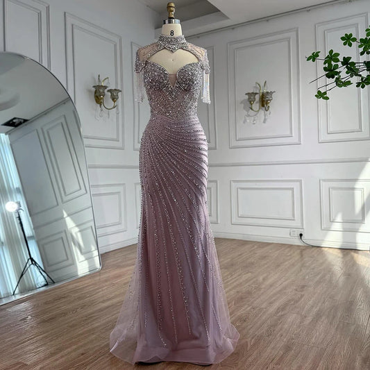 Luxury Pink Beaded Tassel Mermaid Evening Dress Long Gown LA73184