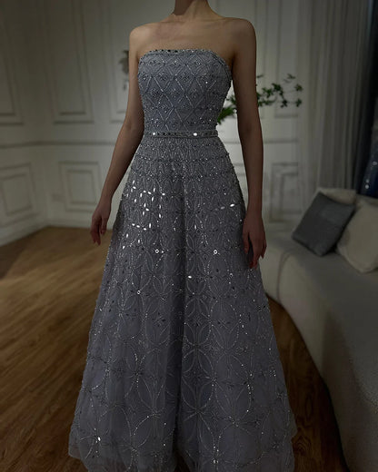 Luxury Dubai  Arabic Gray A Line Elegant Beaded Long Evening Dresses Gowns for Formal Occasion LA72755