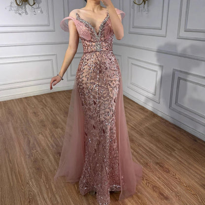 فستان سهرة وردي مطرز من سيرين هيل مكشوف الكتفين LA73413