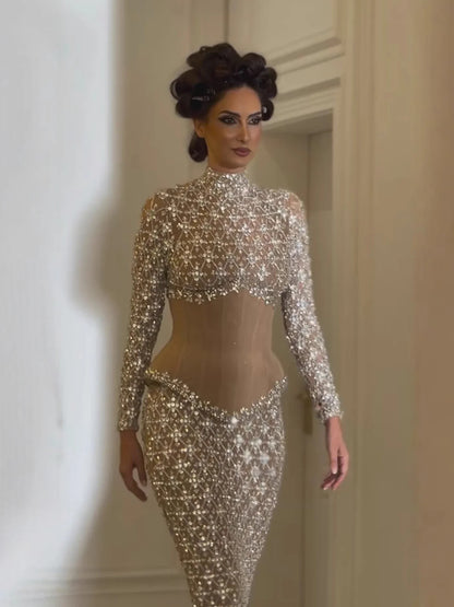 Luxury Nude Beaded Two Pieces Corset Evening Dress LA73335