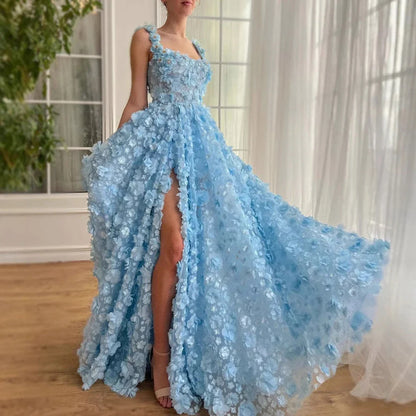 Luxury Lilac 3D Floral Embroidered Split Evening Dress LA72959