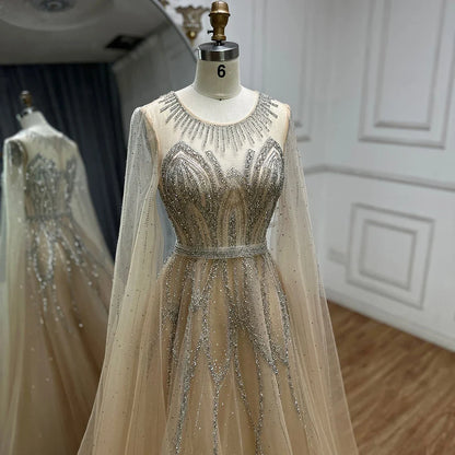 Luxury Dubai  Nude Blue Elegant A-Line Beaded Long Arabic Evening Dresses Gowns with Cape Sleeves for Formal Occasion LA72785