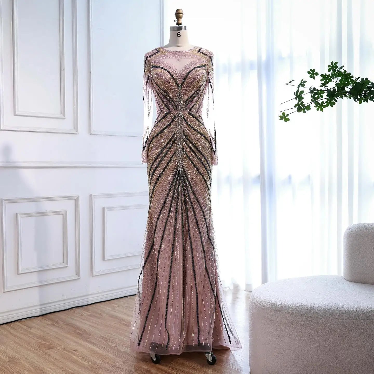Luxury Pink Modest Dubai Mermaid  Evening  Dress  Long Sleeevs 2026 LA73213
