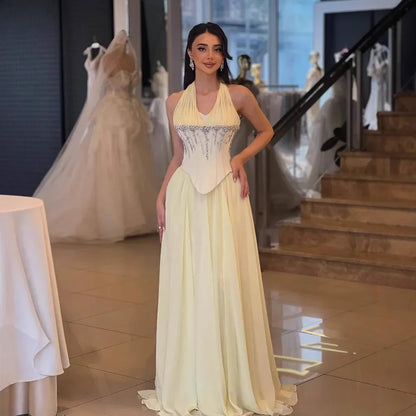 Elegant Classy Yellow Chiffon Halter Beaded Ball Gown LA73074