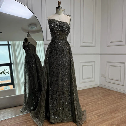 Luxury Olive Green Beaded Mermaid Evening Dress with Overskirt LA73164