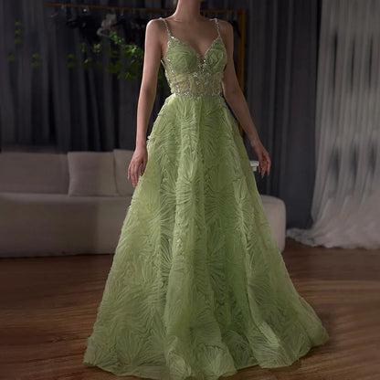 Serene Hill 2025 Arabic Sage Green Elegant Spaghetti Strap Backless A-Line Prom Dress for Women | Wedding Party LA72636
