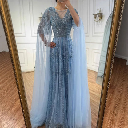 Elegant Beaded A-Line Evening Dress with Cape Sleeves LA73056