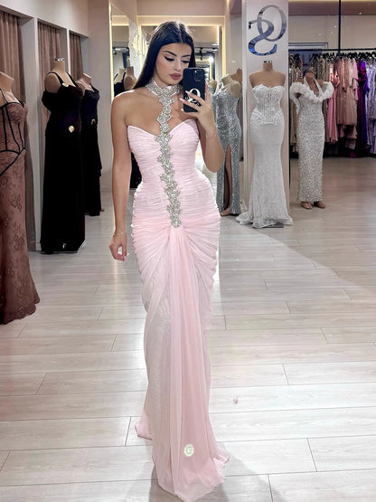 Luxury Pink Halter Crystal Beaded Evening Dress with Cape LA73374