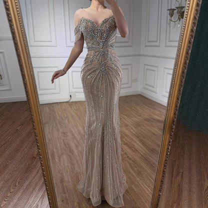 Luxury Pink Crystal Tassel Off Shoulder Evening Dress Dubai LA73204