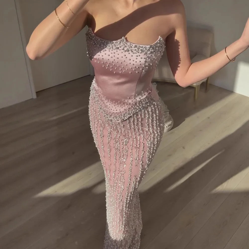 Glamorous Strapless Mermaid Evening Dress with Pearls LA73070