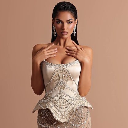 Luxury Nude Beaded Strapless Mermaid Evening Dress LA73166