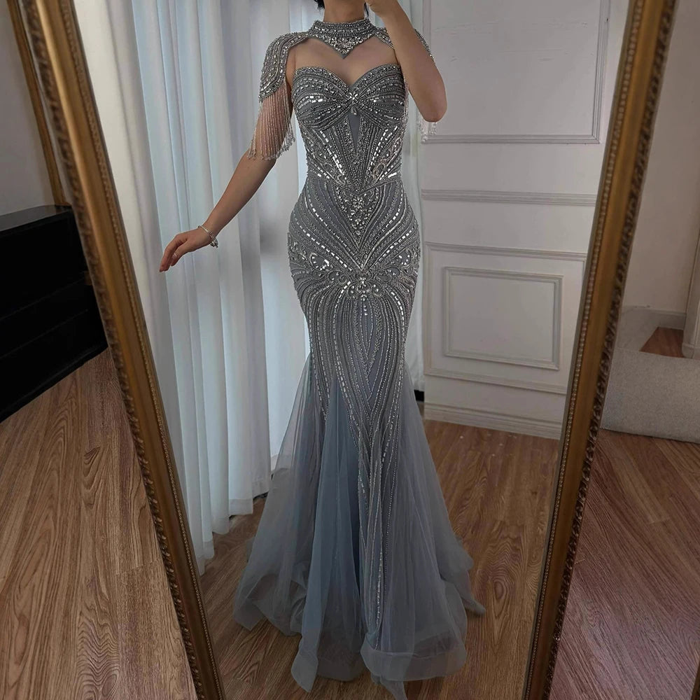 Luxury Nude Beaded High Neck Mermaid Evening Dress LA72897