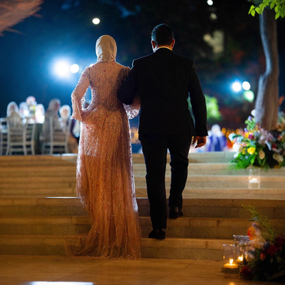 Luxury Pink Arabic Modest Muslim A-Line Crystal Beaded Evening Dress LA73363