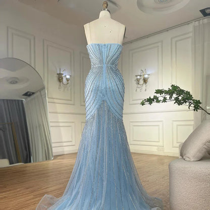 Luxury Dubai Arabic Blue Spaghetti Straps Beaded Evening Gown with Detachable Cape Dress for Formal Occasion  LA72784