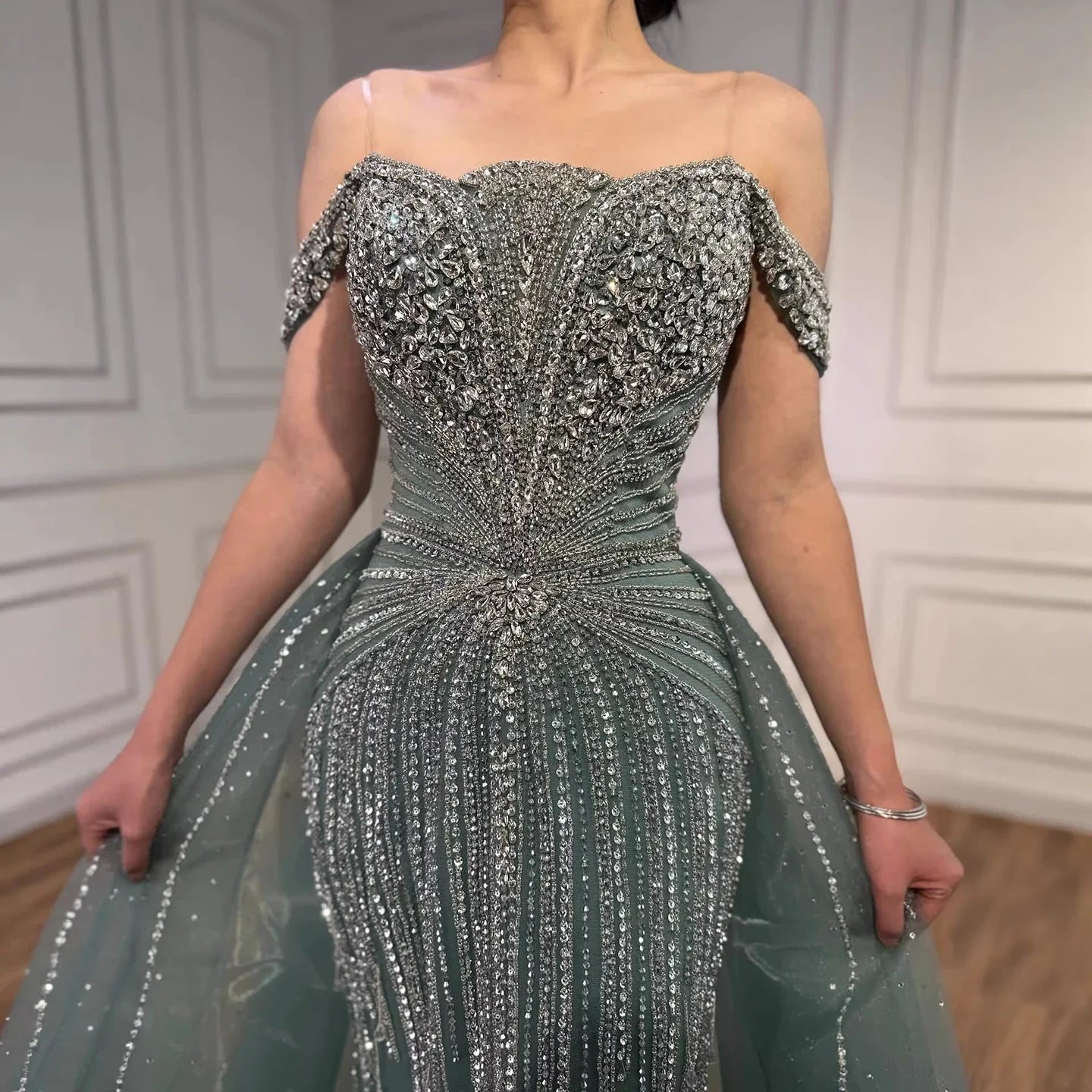 Luxury Beaded Nude Off Shoulder Mermaid Evening Dress LA73392