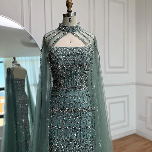 Luxury Turquoise Beaded Evening Dress with Detachable Cape LA72714B