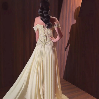 Luxury Evening Dress Yellow Off Shoulder Beaded A-Line Gown LA73350