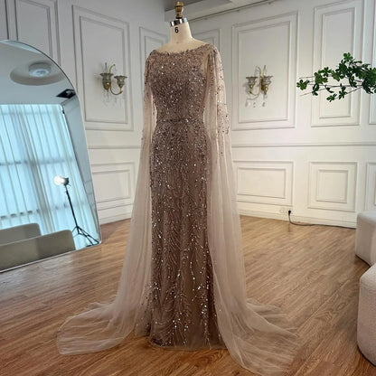 Luxury Caramel Beaded Evening Dress with Cape Sleeves LA73078