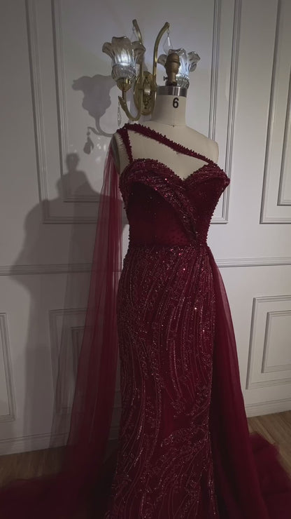 Luxury Green One Shoulder Mermaid Evening Dress with Cape LA72472