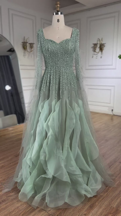 Luxury Sage Green  A lina Evening Dress  With Cape LA72984
