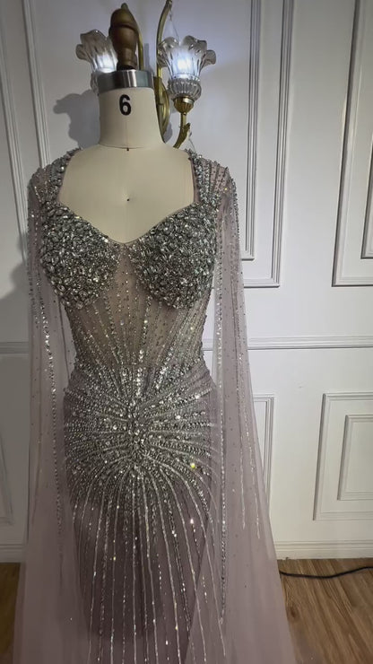 Luxury Nude Beaded Evening Dress with Cape Sleeves LA72575C