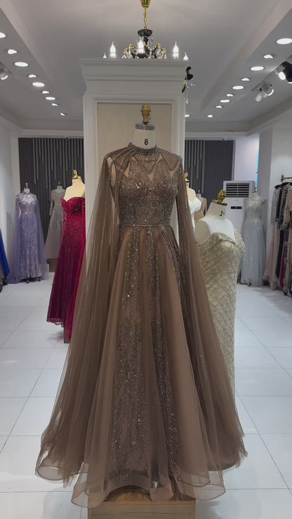 Luxury Brown Beaded Evening Gown with Cape Arabic Style LA72951