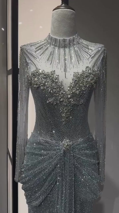 Luxury Silver Crystal Beaded Long Sleeve Evening Dress LA73167