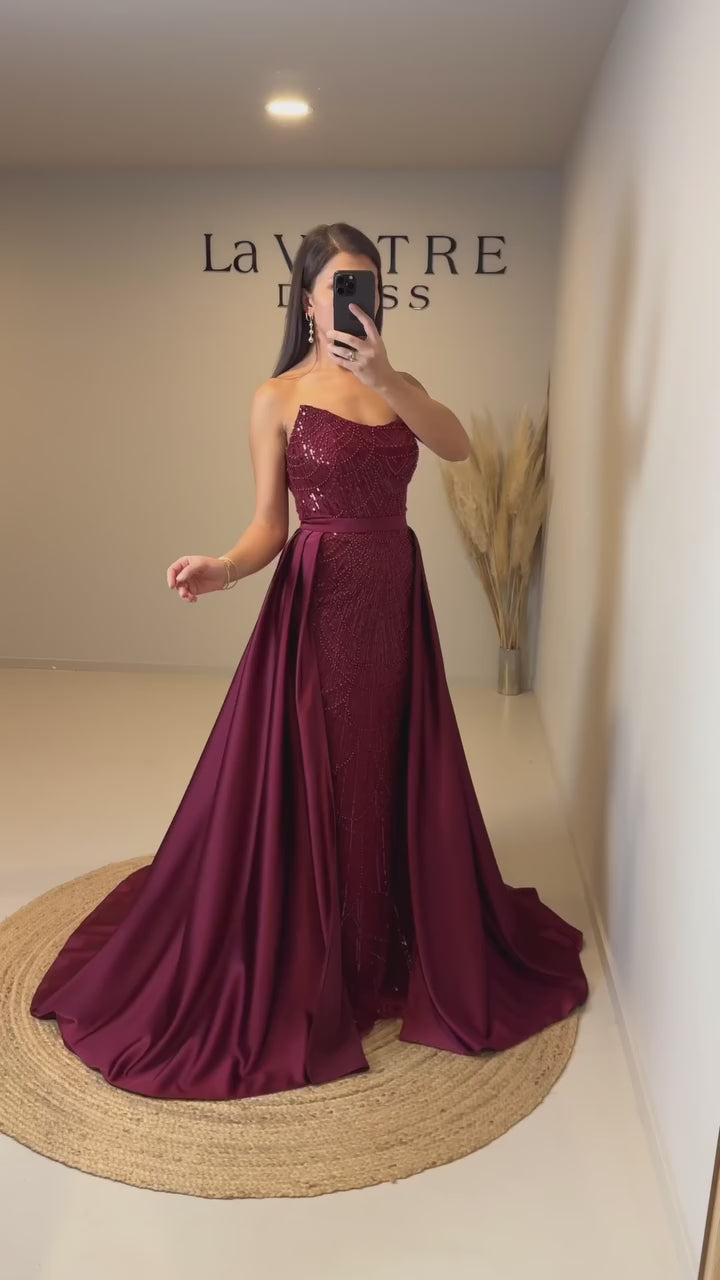 Luxury Wine Red Crystal Beaded Elegant Evening Dress with Overskirt LA72032Q