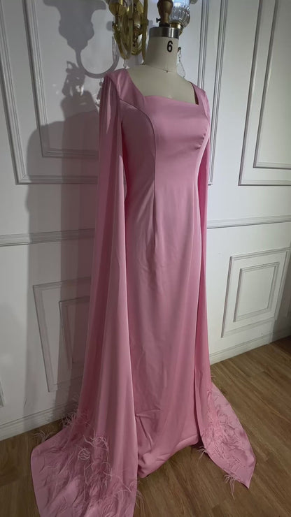 Luxury Arabic Pink Mermaid Evening Dress with Feather Cape LA72855