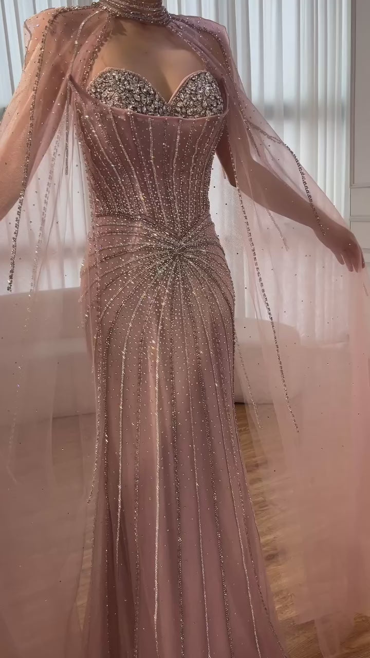 Nude Luxury Beaded Mermaid Evening Gown with Cape Sleeves LA72811A