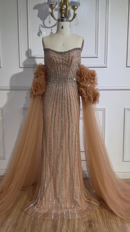 Luxury Pink Beaded Mermaid  Arabic Evening Dress with Cape LA73019
