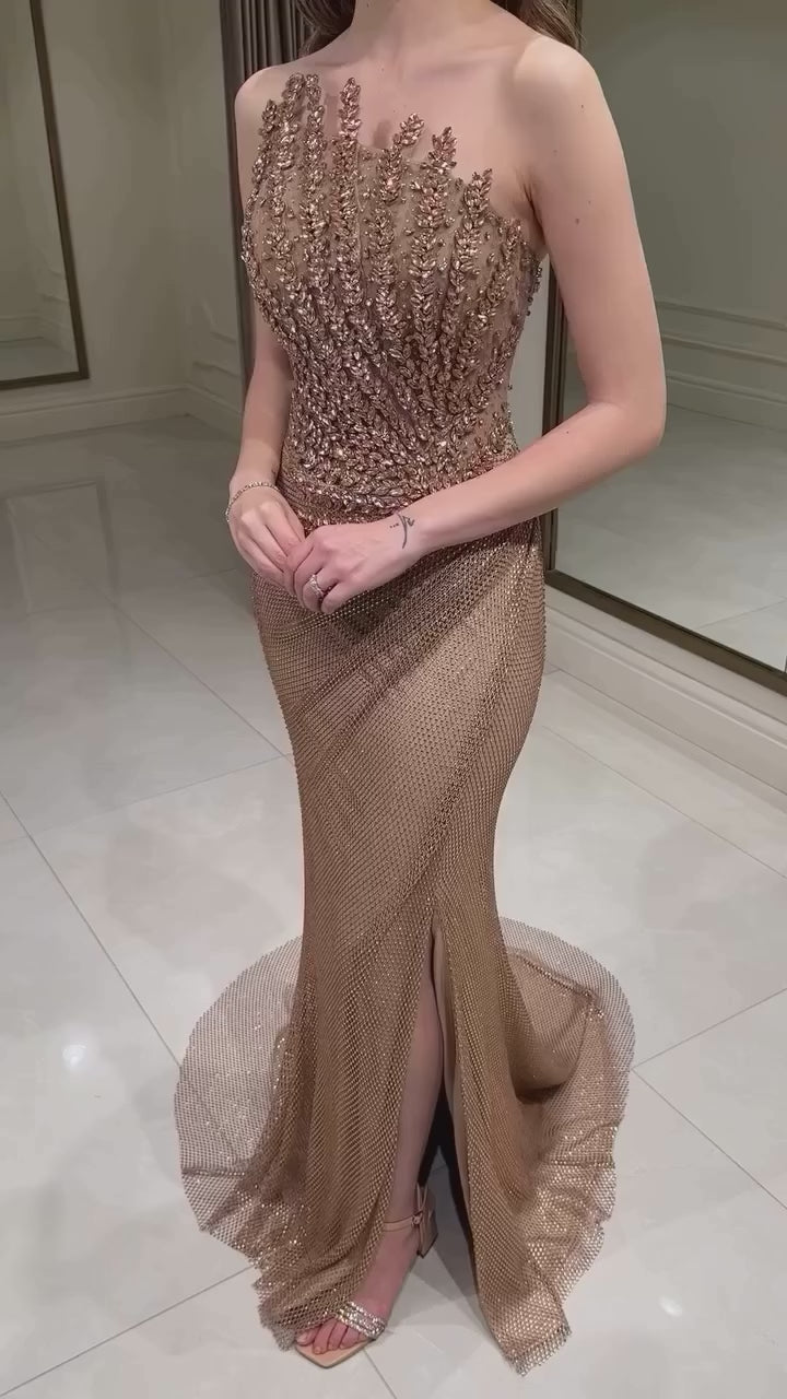 Luxury Caramel Mermaid Evening Dress Split LA72985