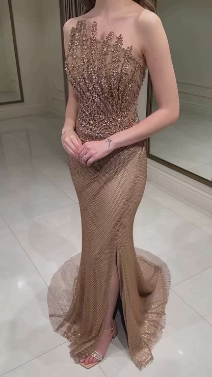 Luxury Caramel Mermaid Evening Dress Split LA72985