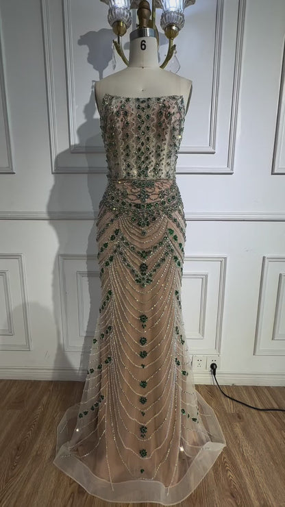 Luxury Green Beaded Saudi Arabic Evening Gown for Formal Occasion LA72842