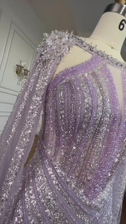 Luxury Crystal Yellow Evening Dress with Cape Sleeves LA72085