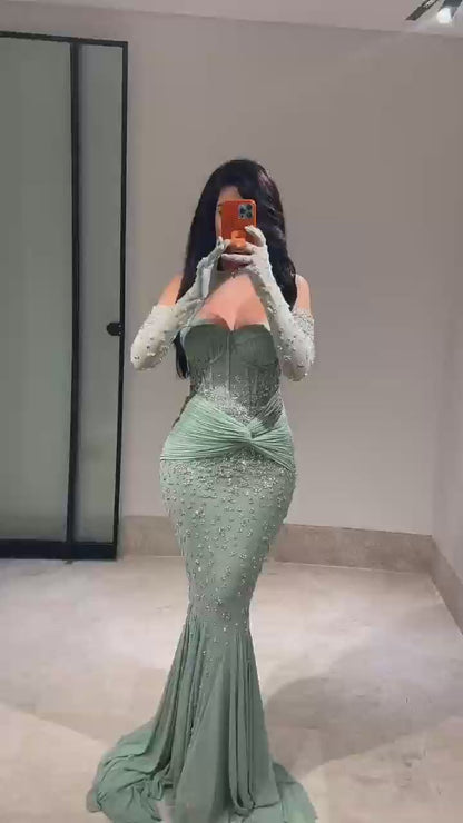 Luxury Turquoise Strapless Beaded Evening Dress with Gloves LA72933