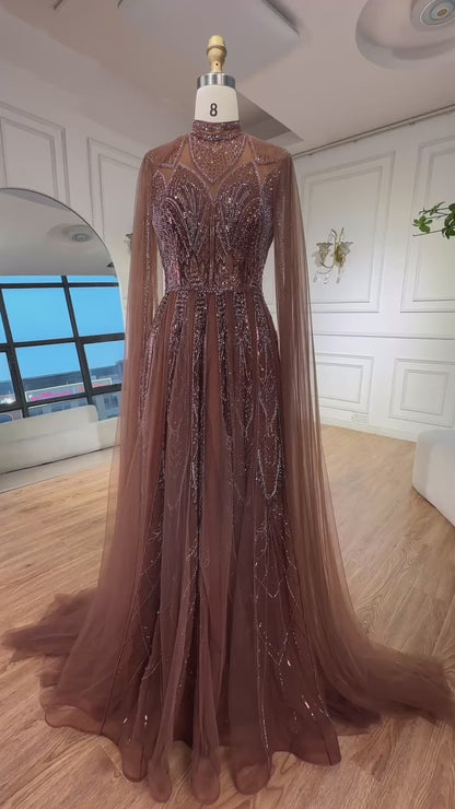 Luxury Brown Beaded Evening Gown with Cape Arabic Style LA72951