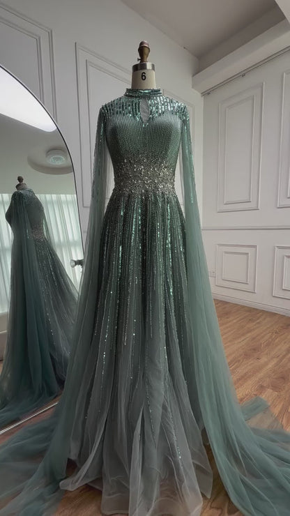 Luxury Modest Blue Beaded Evening Dress with Cape LA73059