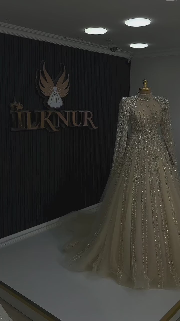 Luxury Nude Muslin Modest Beaded Evening Dress with Cape LA73271