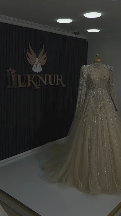 Luxury Nude Muslin Modest Beaded Evening Dress with Cape LA73271